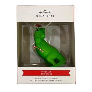 Hallmark Dinosaur in Santa Hat Holding Candy Cane Green Christmas Tree Ornament
